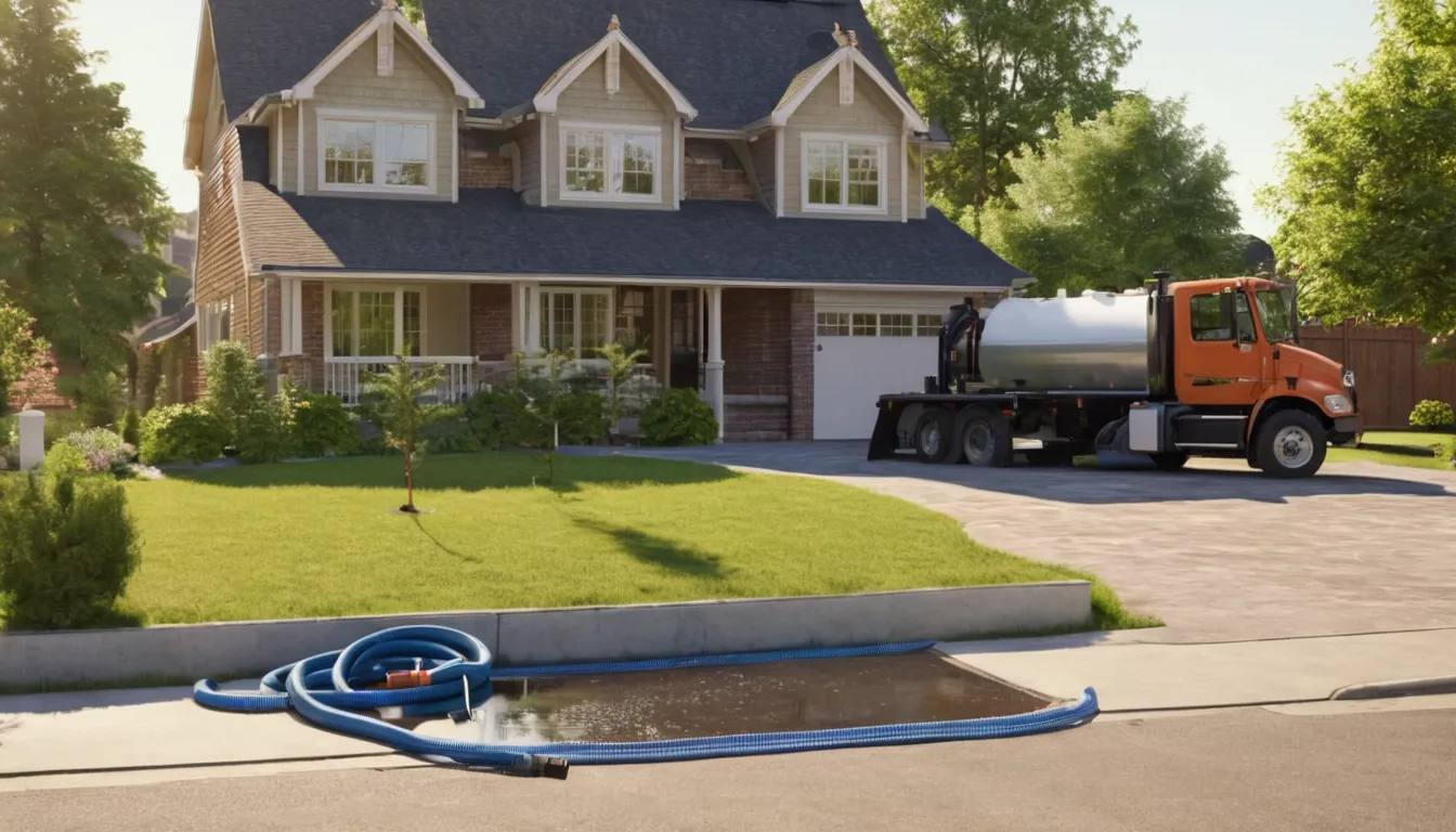 Septic pumping truck parked beside a ranch home in the St. Louis area while a provider checks the tank lid