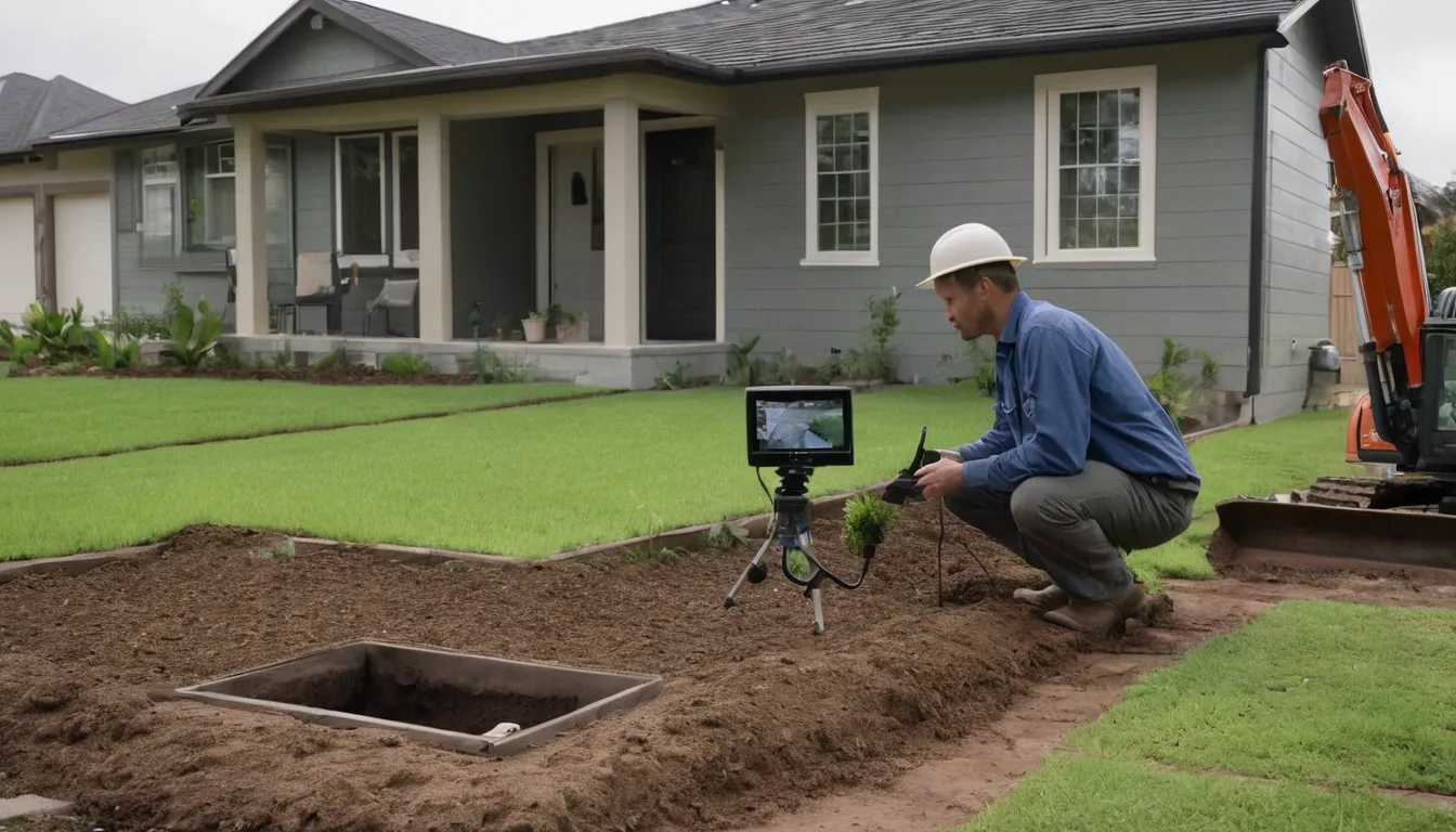 Local sewer line provider reviewing camera inspection footage with a homeowner in a yard in the St. Louis area